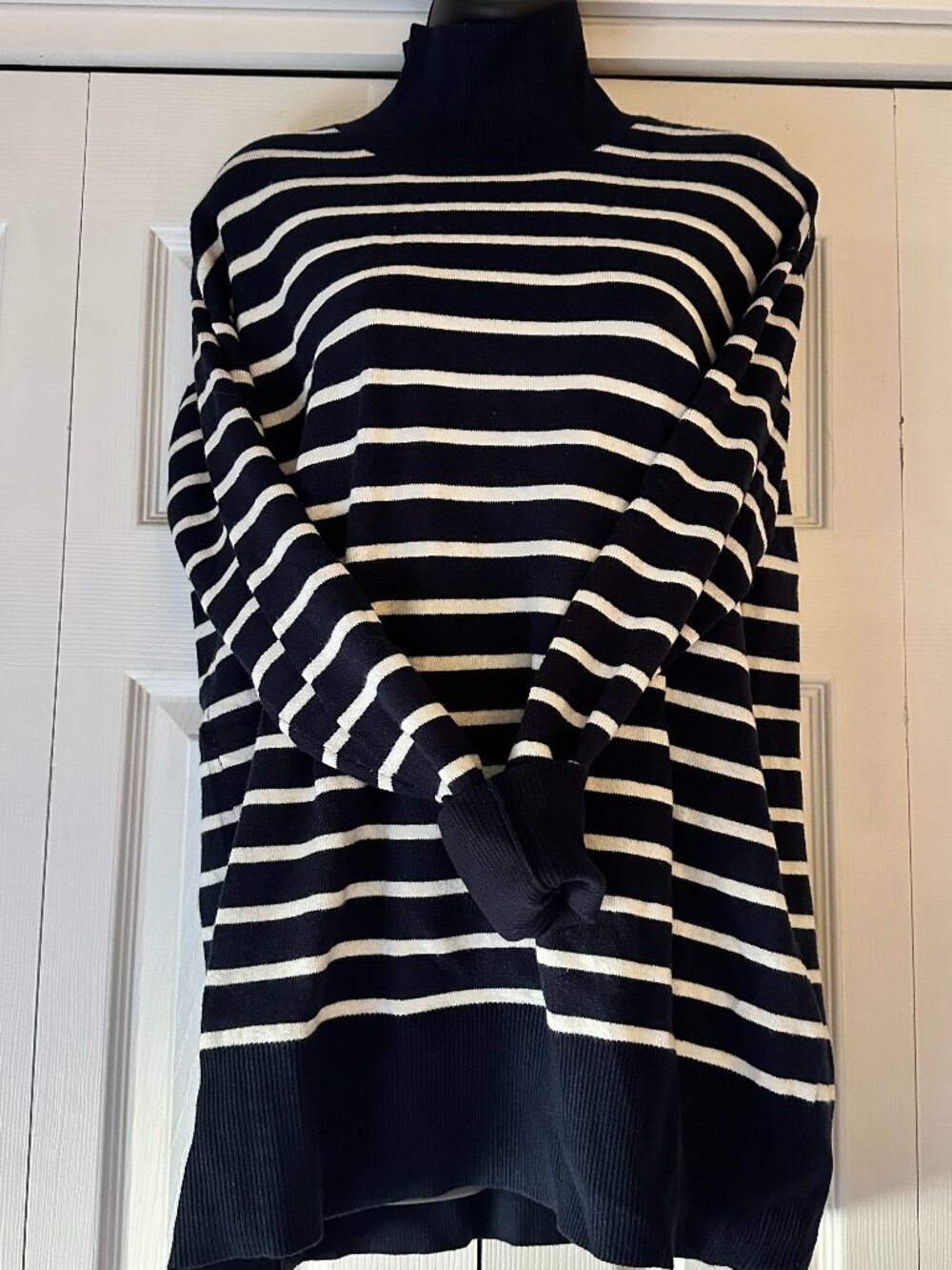 Free Assembly Navy Striped Turtleneck Sweater Tunic Medium Cozy Oversized